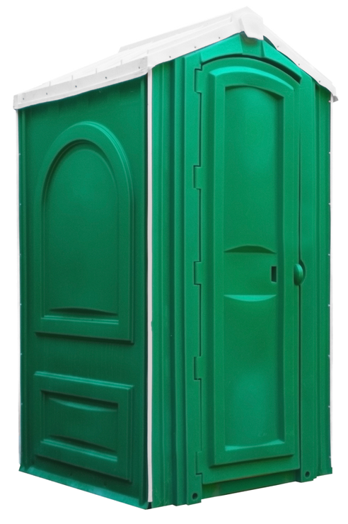 Green portable toilet with white roof.