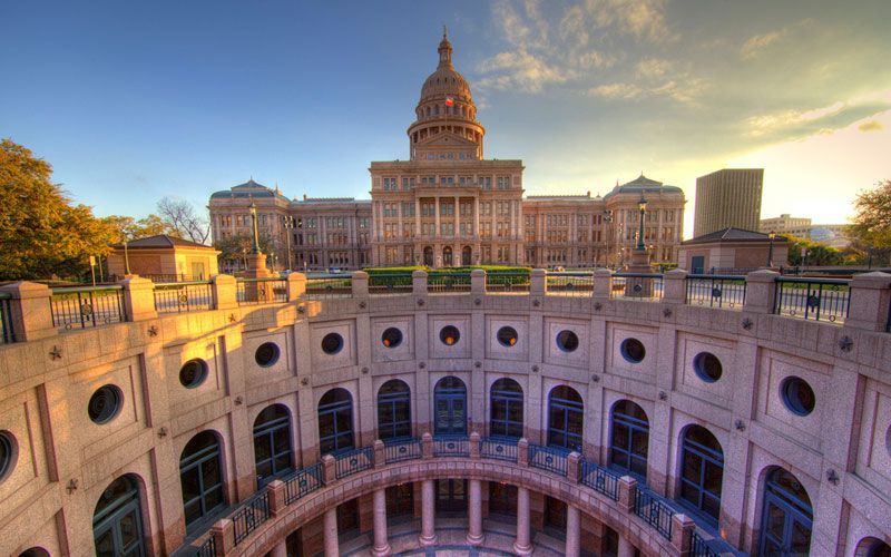 An aerial view of the texas state capitol building.