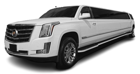 A white cadillac escalade limousine is parked on a white background.