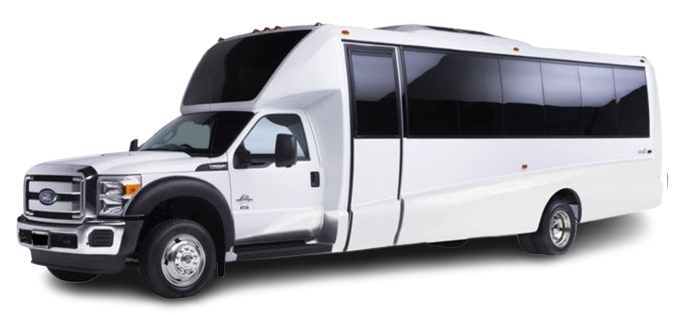 A white bus with a black top is on a white background