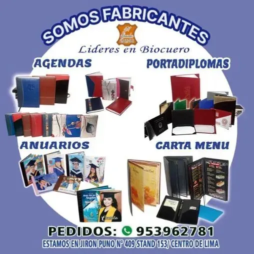 Promo de papelería: agendas, portadiarios, anuarios y carta menú en varios colores, con datos de pedido.