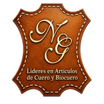 Brown leather-style logo with stitched border and “NG”; text reads “Líderes en Artículos de Cuero y Biocuero”