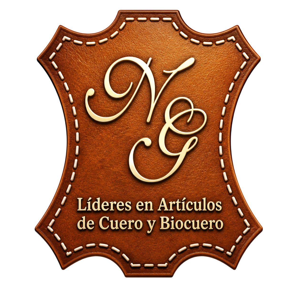 Brown leather-style logo with stitched border and “NG”; text reads “Líderes en Artículos de Cuero y Biocuero”