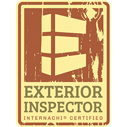 Brown and yellow Exterior Inspector badge with building outline and