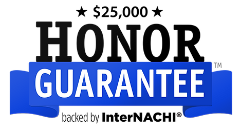 $25,000 Honor Guarantee badge in black, white, and blue, backed by InterNACHI.