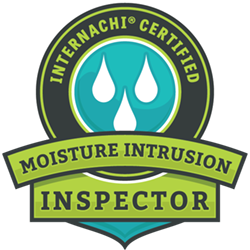 Internachi Certified Moisture Intrusion Inspector badge with blue water drops, green and teal accents.