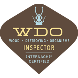 Brown and gold WDO Inspector logo with an ant graphic; Internachi certified.