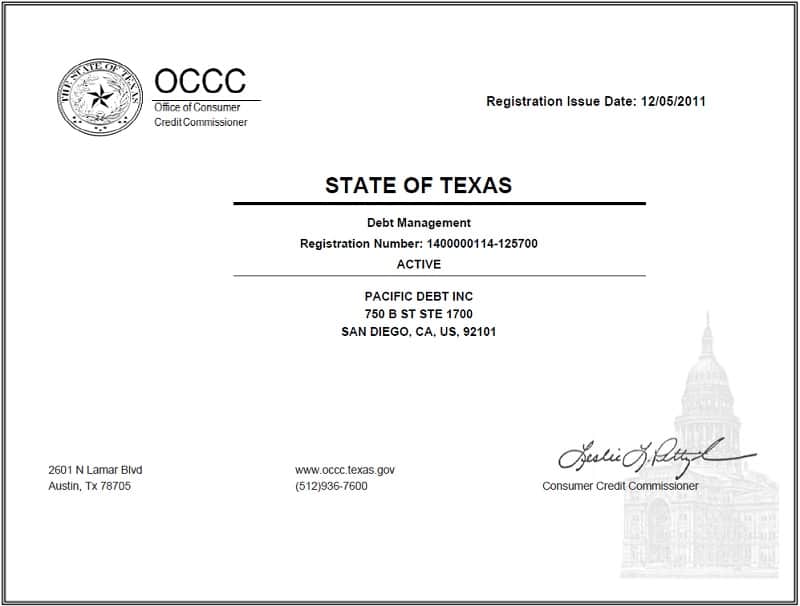 Pacific Debt Relief State of Texas Debt Management Registration