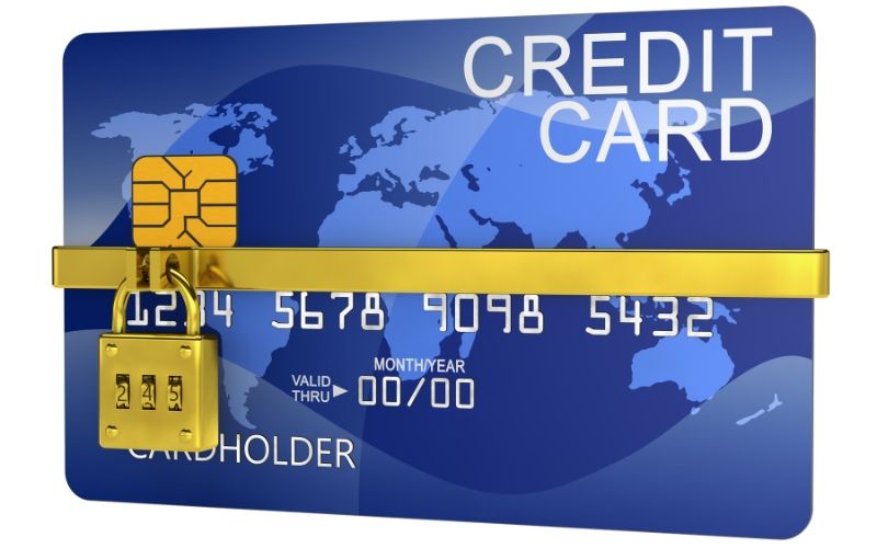 a blue credit card with a gold padlock on it