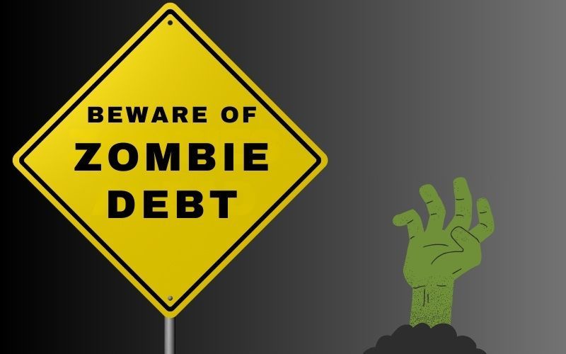 A yellow sign that says Beware of zombie debt emphasizes What is Zombie Debt.