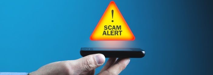 a person is holding a cell phone with a scam alert sign above it.