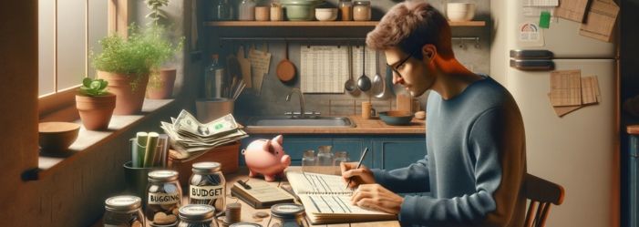 An image depicting a person in a modest kitchen, intently reviewing a budget notebook at a table. Surrounding them are frugal living tools like a piggy bank, calculator, and savings jars. 