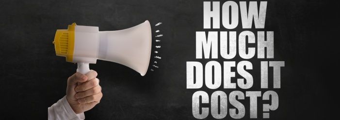 A person is holding a megaphone in front of a blackboard that says how much does it cost?