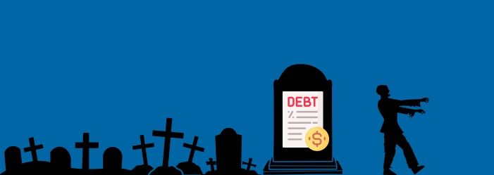 A zombie represents debt in front of a grave with a debt document on it.