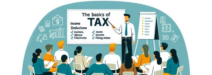 An educational image showing a diverse group of people in a classroom, attentively listening to a tax expert. The classroom environment is friendly and engaging, fostering learning about the fundamentals of taxation.