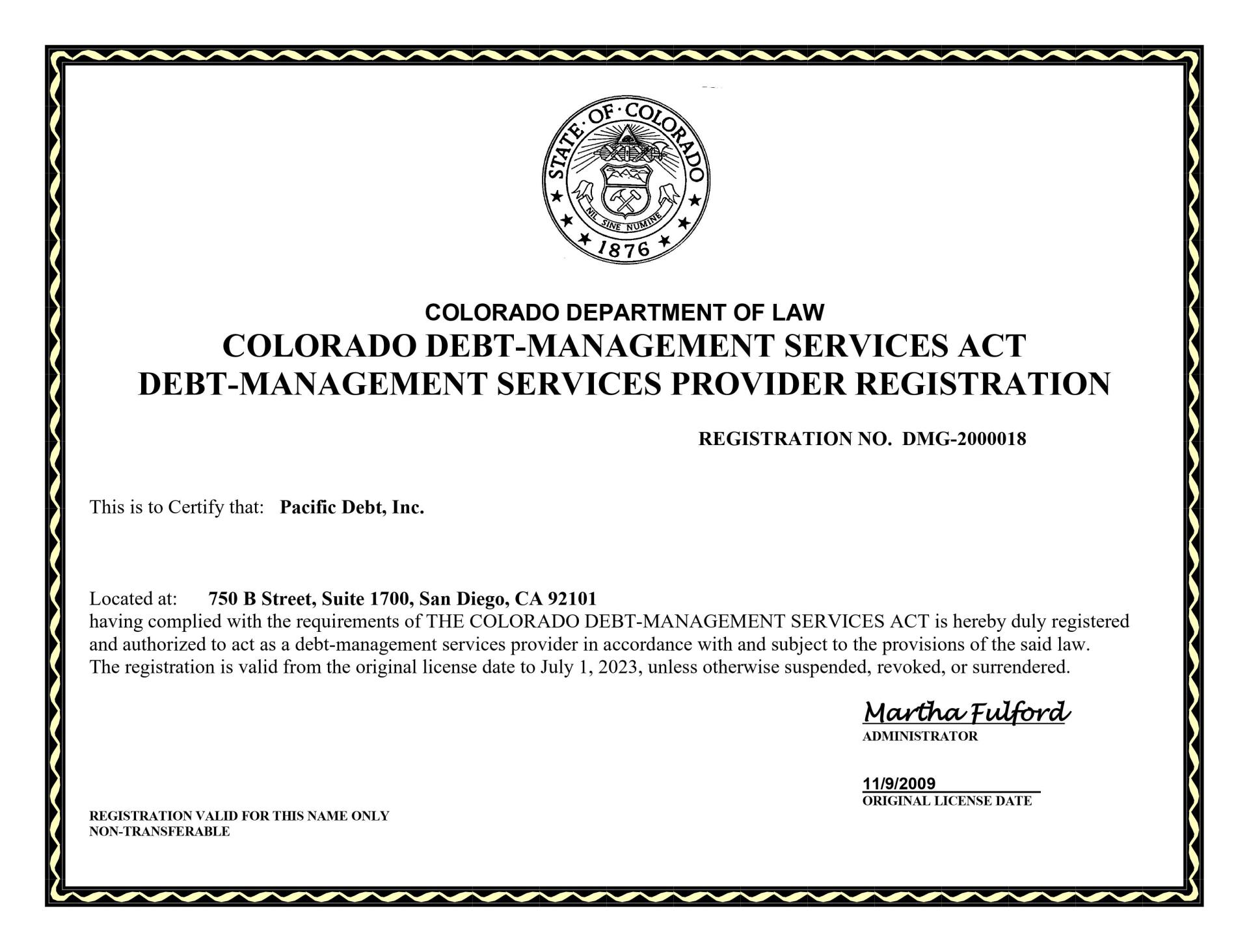 Colorado Debt Management Relied Program Registration Certificate Picture