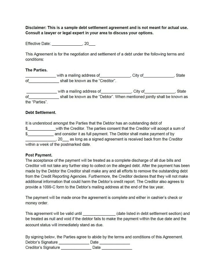 debt settlement agreement letter free sample pdf
