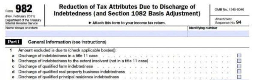 IRS Form 982 Reduction of Tax Attributes Due to Discharge of Indebtedness