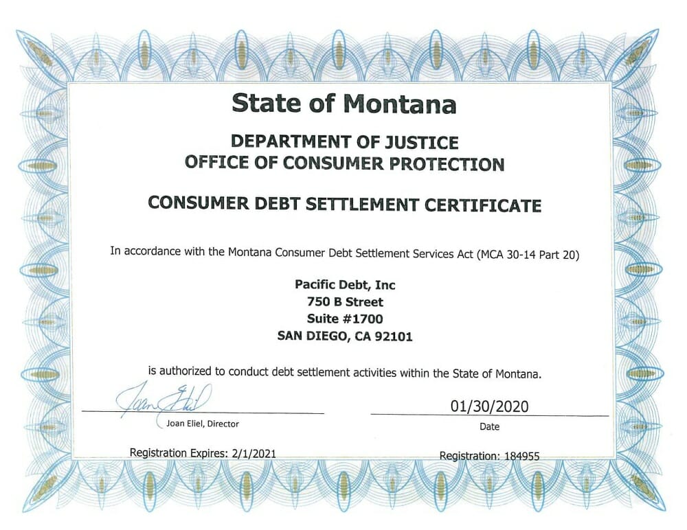 State of Montana Department of Justice Office of Consumer Protection Consumer Debt Settlement Certificate