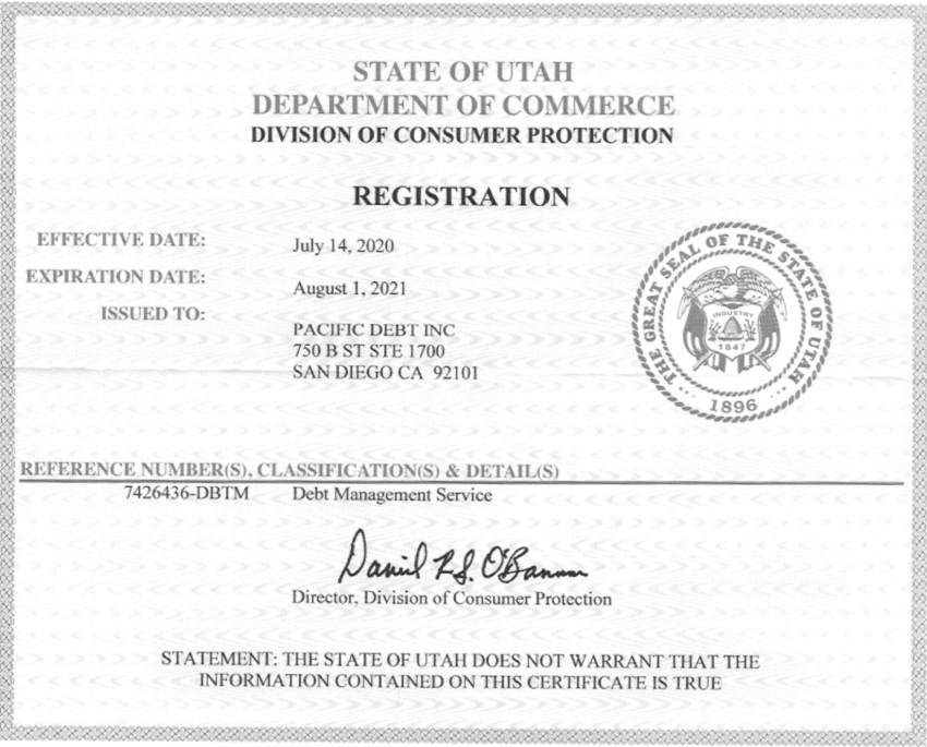 State of Utah Division of Consumer Protection Registration for Pacific Debt Relief