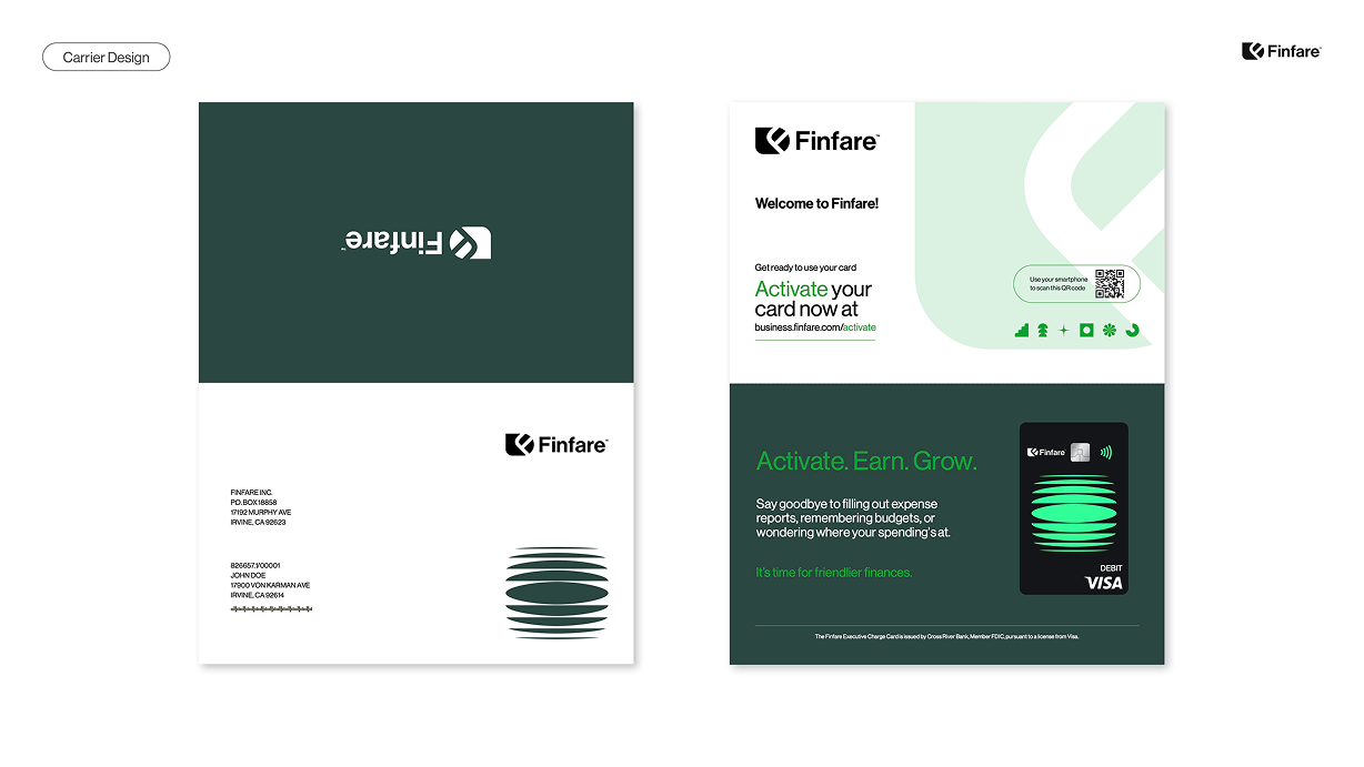 Business card: Dark green and white design with logo, contact info, and QR code. 