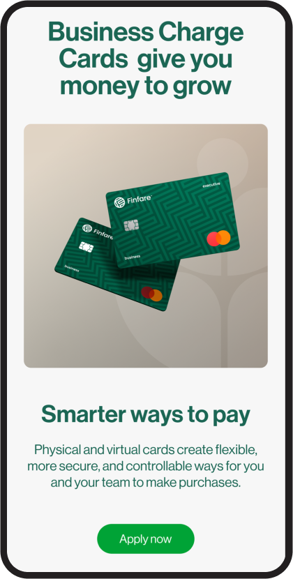 Green business charge cards on a mobile screen, with a call to apply.