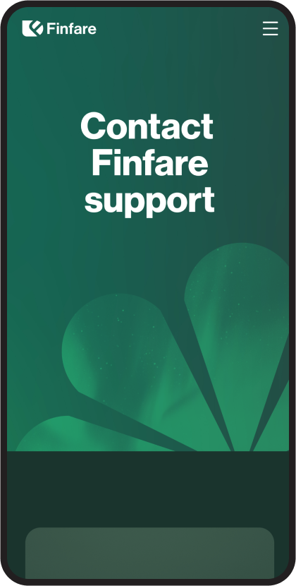 Finfare support contact page on a mobile device, green background with white text.