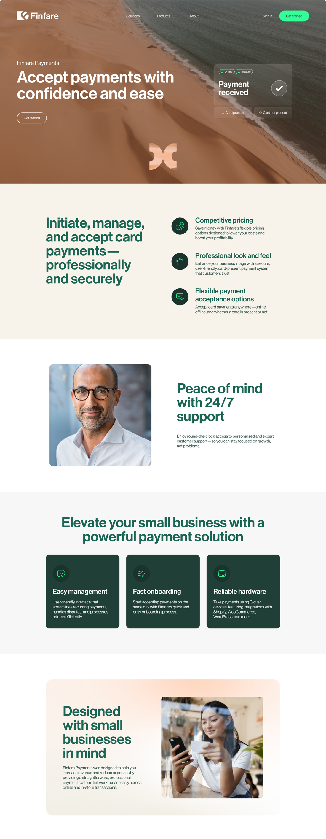 Website promoting financial and conference services; features a beach scene, a man, and a woman using a phone.