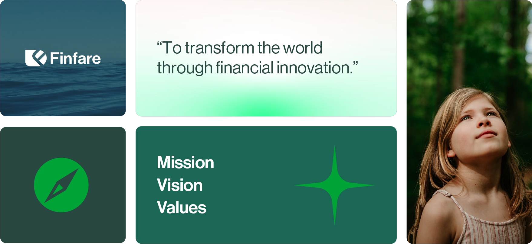 Fintare logo, compass icon, mission statement, and a girl looking up at a forest.