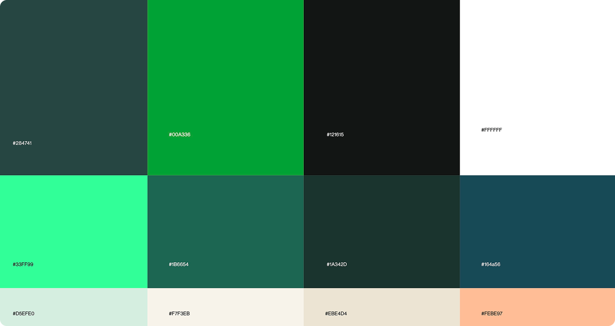 Color palette featuring shades of green, black, white, and beige.