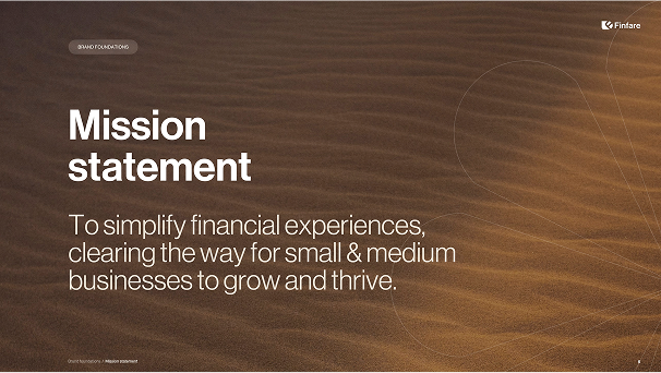 Mission statement on a brown, textured background. Text: simplify financial experiences for small businesses.