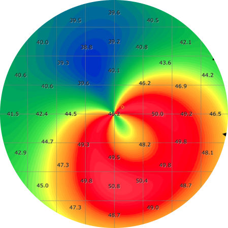 Corneal topography map with concentric color gradients indicating corneal curvature, red indicating steepest areas.