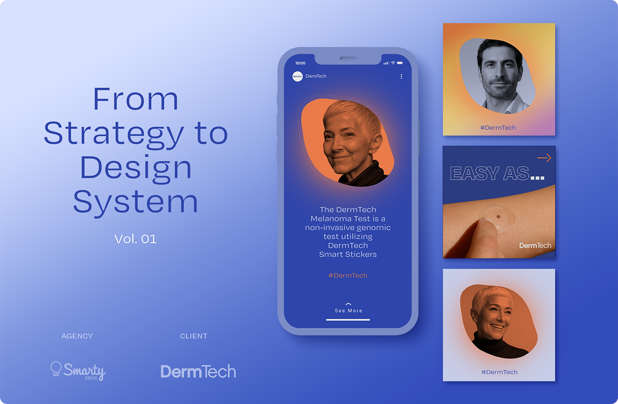 A mobile phone screen shows a design with a woman's portrait, next to three additional portraits. 