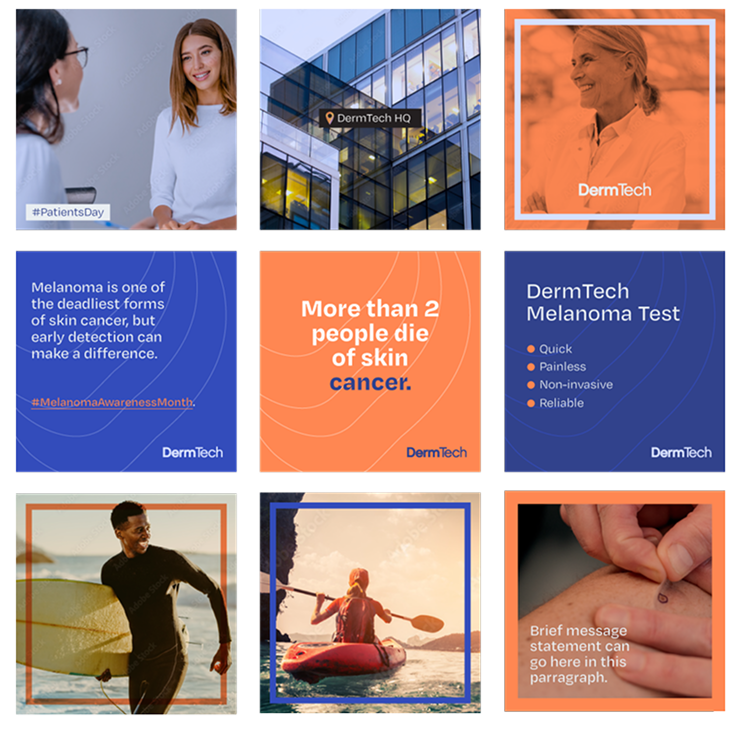 DermTech ad featuring images about skin cancer and tests, with orange and blue accents.
