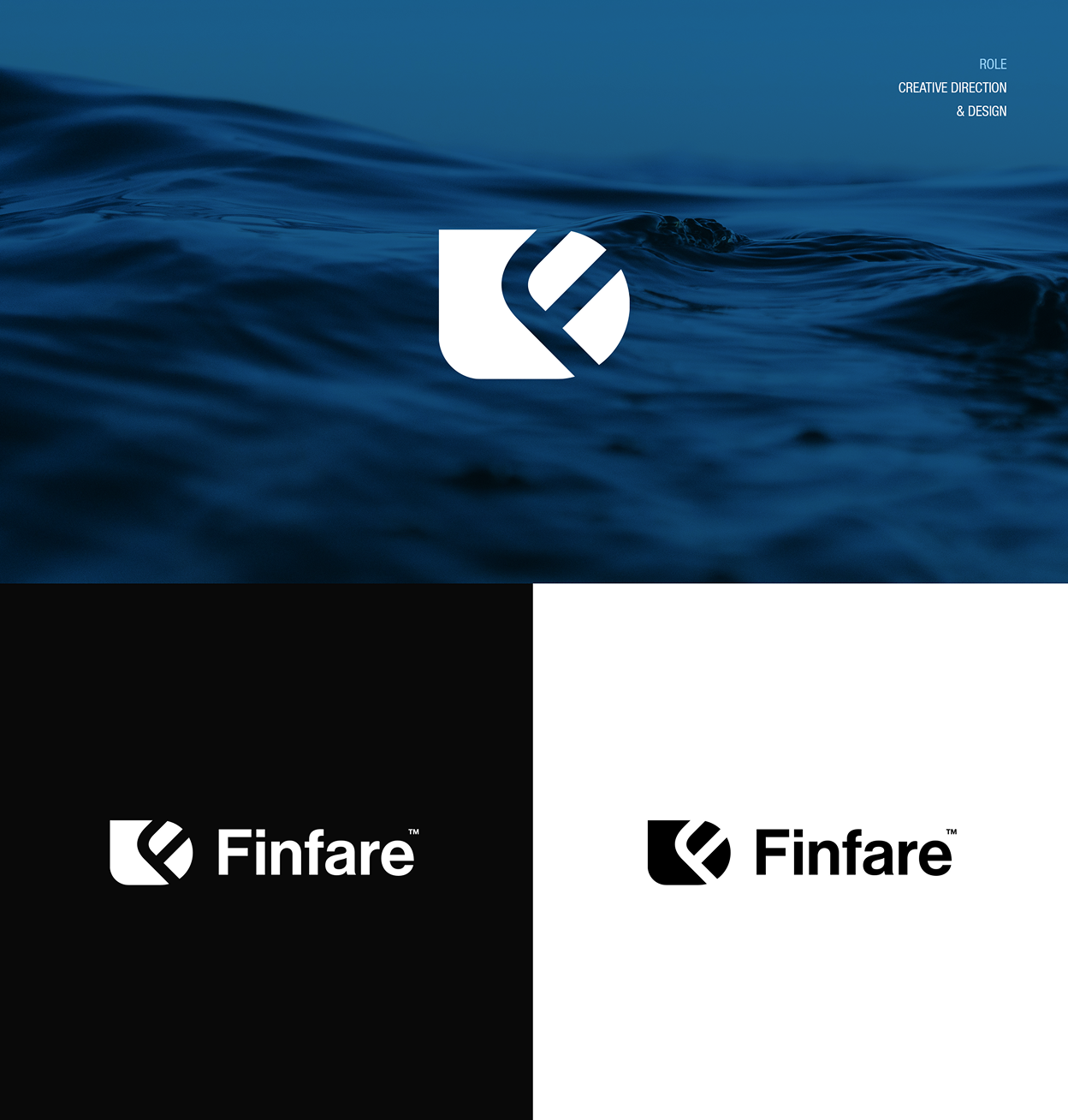 Finfare logo with blue water background and variations on black and white backgrounds.