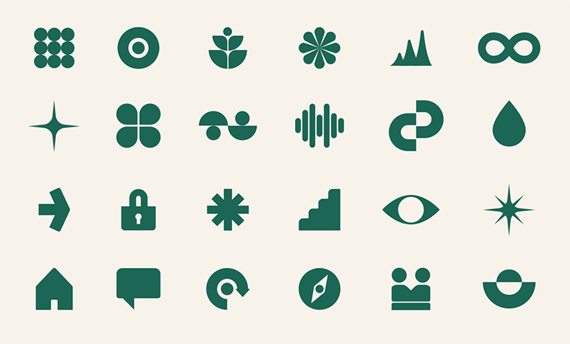 Collection of dark green icons against a cream background; various abstract shapes.
