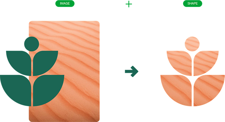 Logo design process: Green plant logo overlaid on wood plank, combined with plant shape, resulting in white/wood grain plant logo.