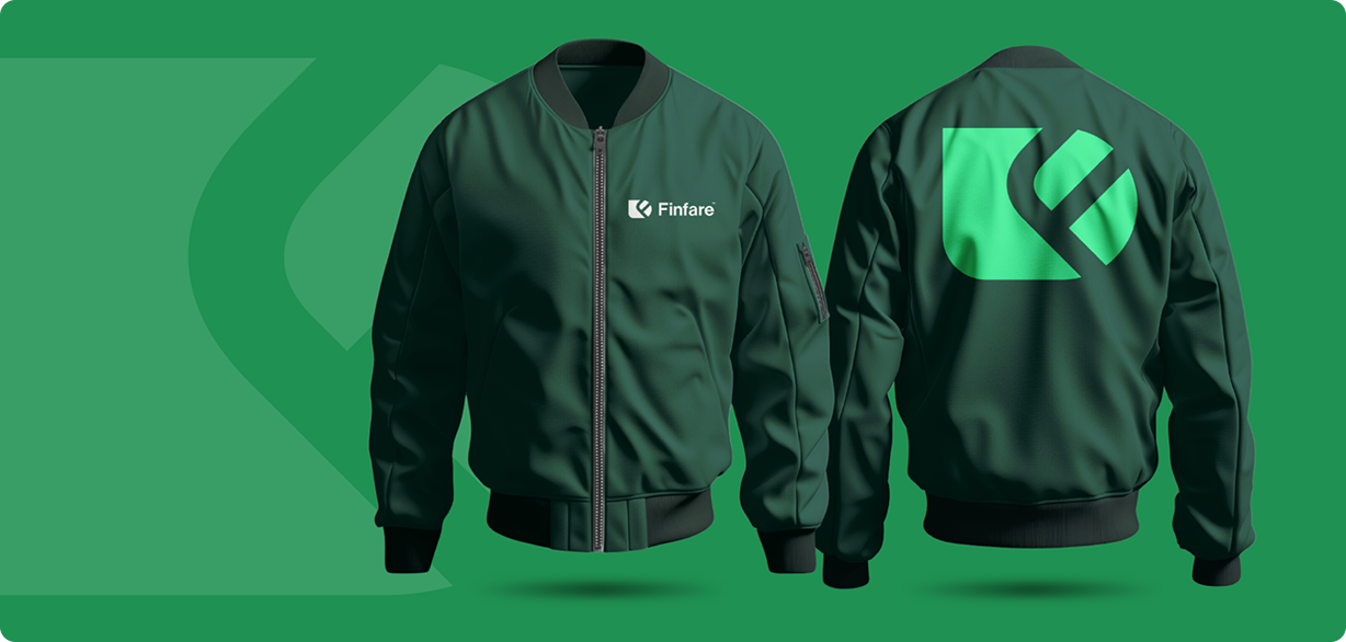 Two dark green bomber jackets with white and green logos displayed on a green background.
