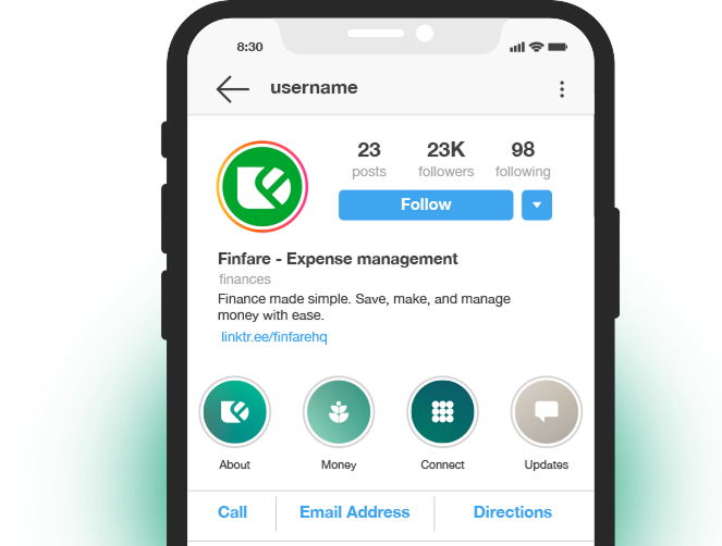 Screenshot of Fisfare Instagram profile, showcasing expense management services with call, email, and direction buttons.