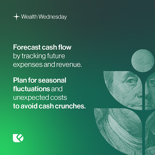 Green graphic with text about cash flow forecasting and a money-themed design.