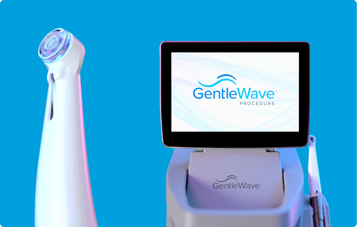 GentleWave endodontic system with touch screen interface and handpiece, against a blue background.