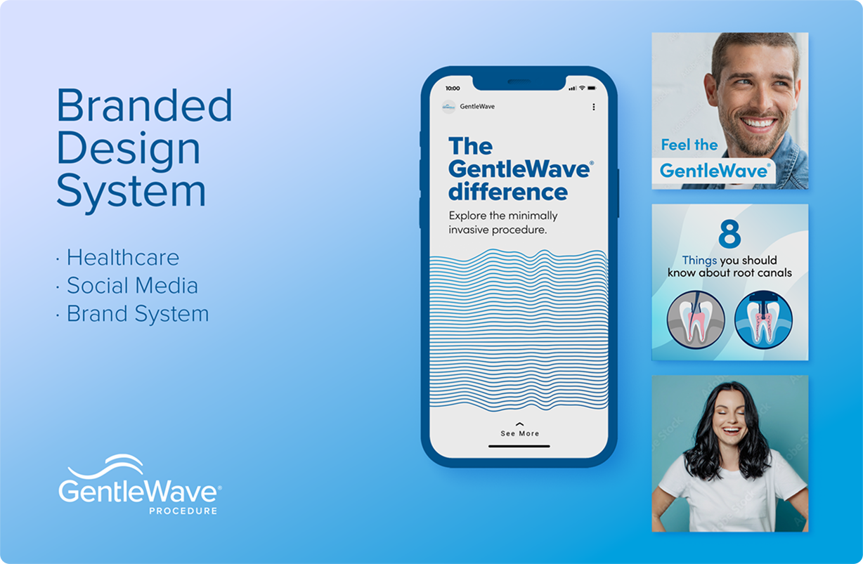 Branded design system example. Phone display, graphics, and ads on a blue gradient background. 