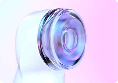Close-up of a clear, cylindrical object with concentric rings, in a pastel gradient setting.