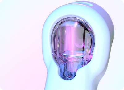 Close-up of a white electric toothbrush head with a transparent chamber, showing internal components and pink light.