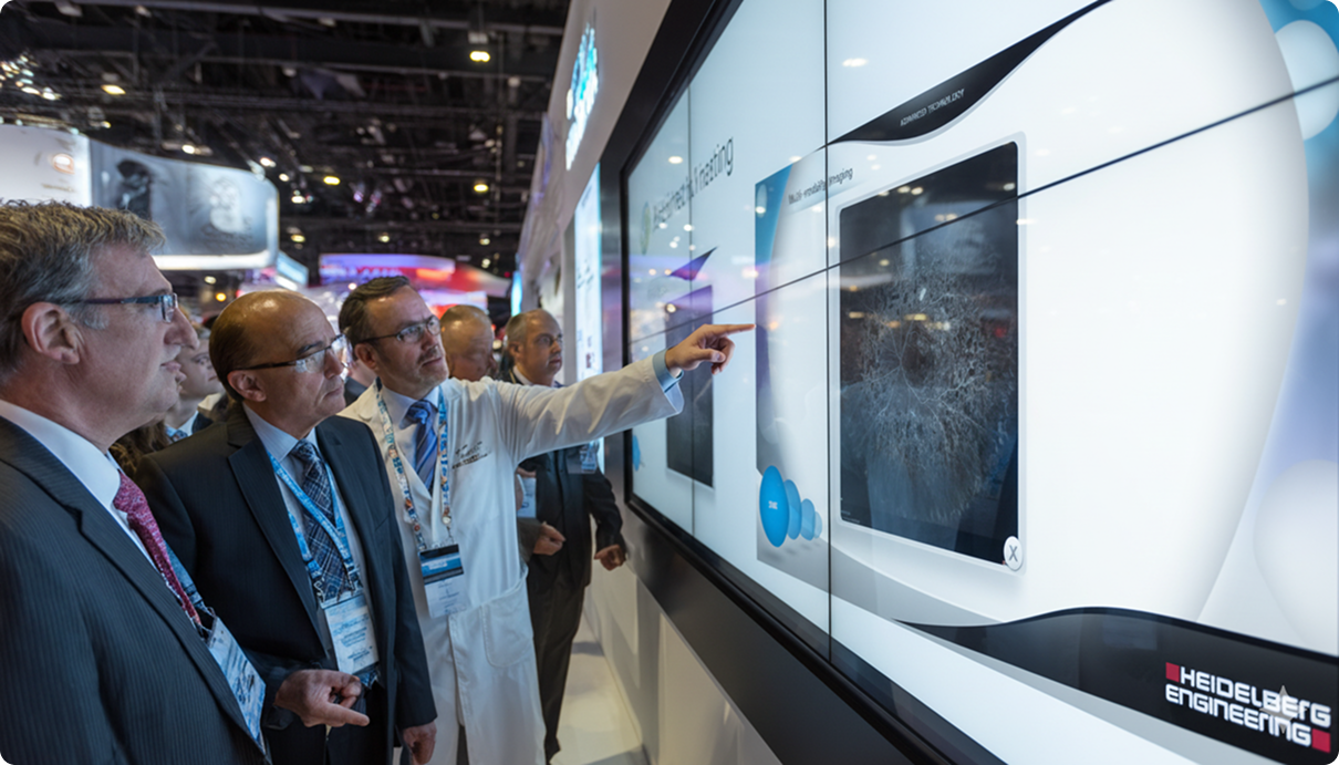 People looking at a large screen, one man pointing at it. Setting is a trade show or conference.