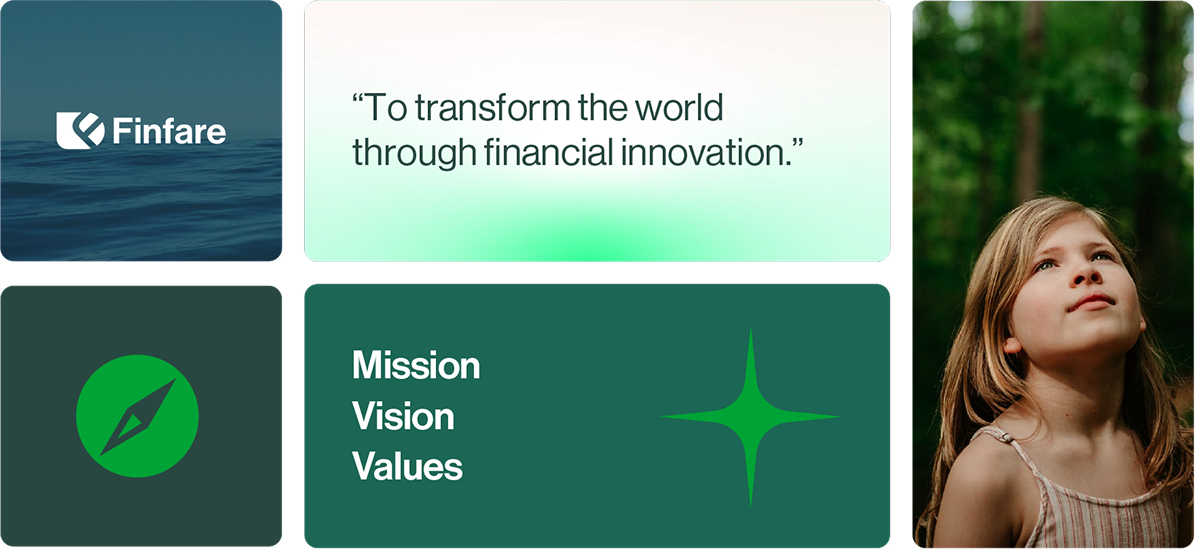 Fintare logo, compass icon, mission statement, and a girl looking up at a forest.