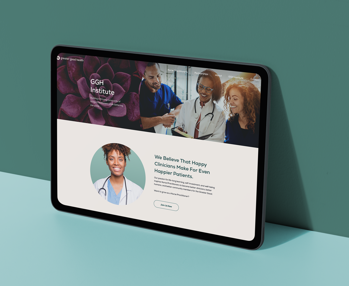 Tablet displaying a healthcare website with photos of medical professionals and text on a light background.