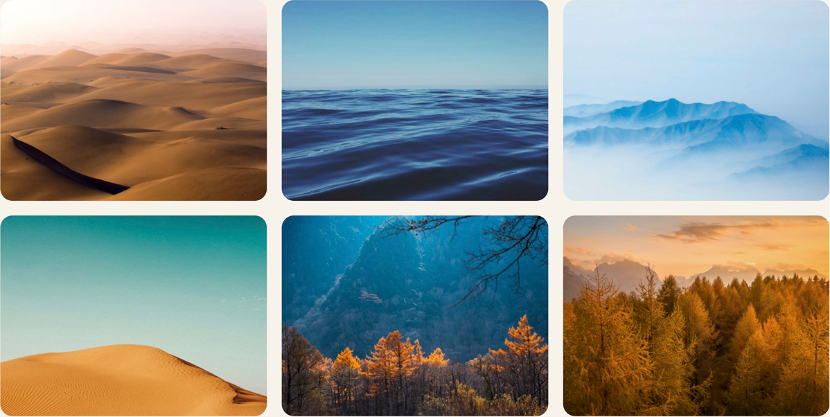 Six nature scenes: desert, ocean, mountains, sand dune, mountains with trees, forest.