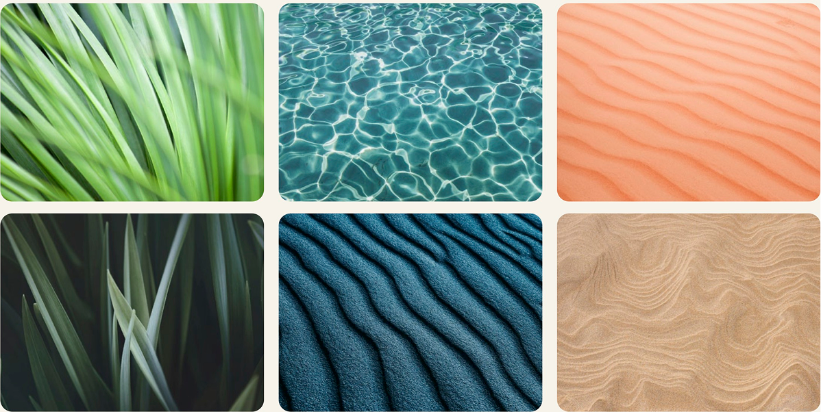 Six square images: grass, water, sand, grass, sand, and sand.
