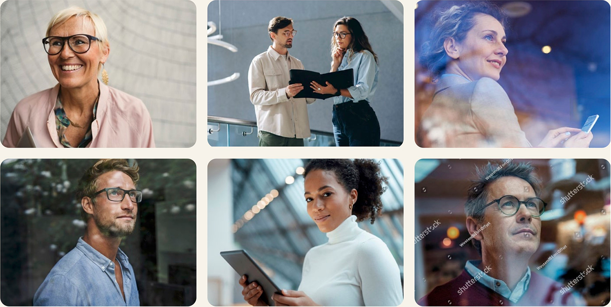 Six individuals, diverse settings, some wearing glasses, appear in photo tiles.